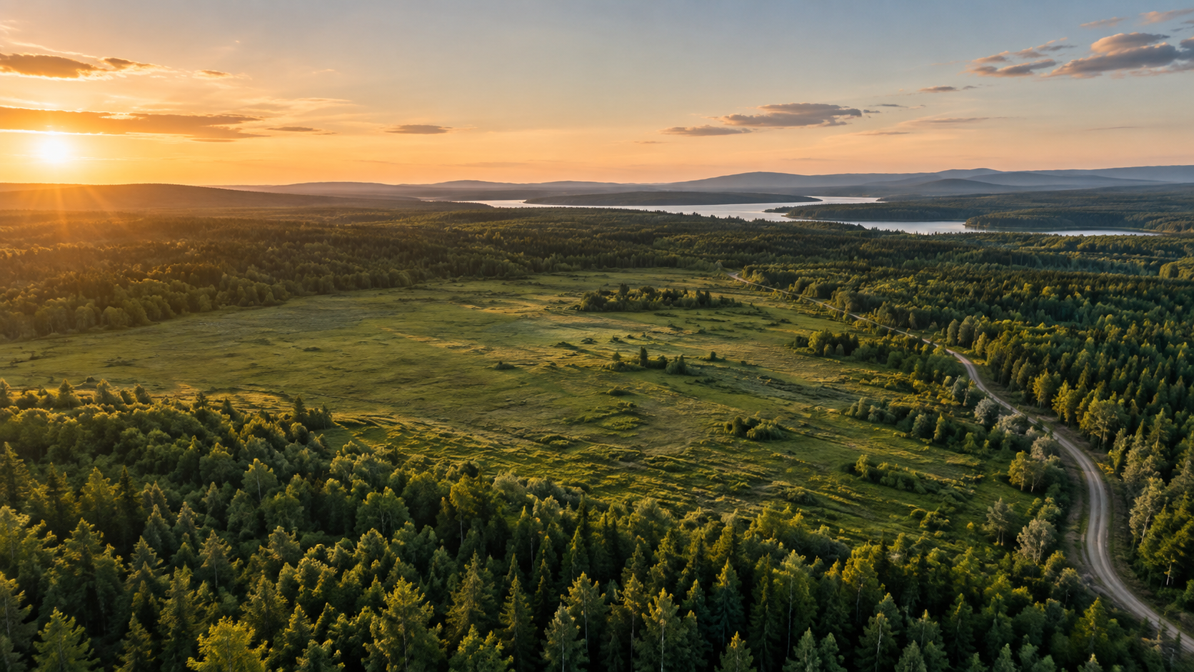 Aerial view of open land bordered by trees at sunset